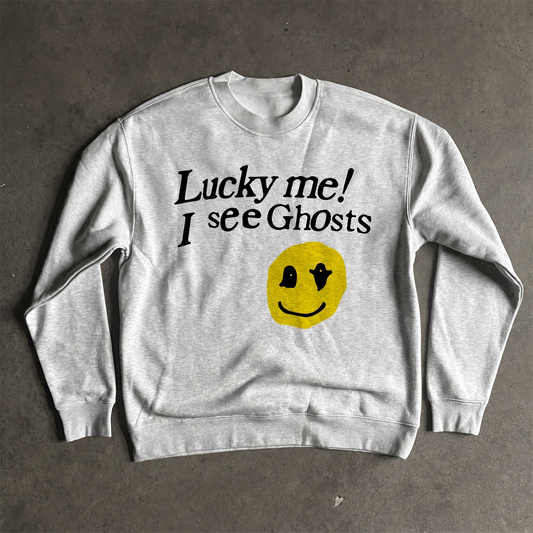 Lucky Me I See Ghost White Heather Crewneck